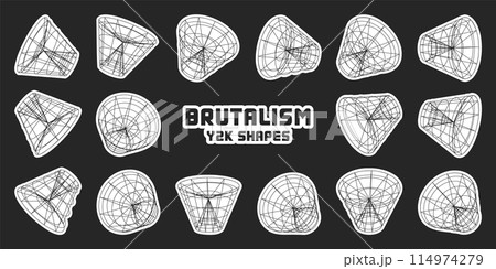 Wireframe lined shapes. Perspective mesh, 3d grid. Modern trendy low poly geometric elements. Retro futuristic design elements, y2k, vaporwave and synthwave style. Vector illustration 114974279