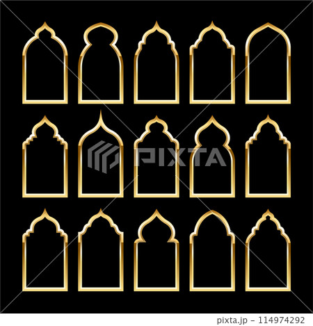 Islamic frames, oriental style. Golden arabic shapes, windows and arches. Traditional ornamental banner, frame. Muslim holidays, Ramadan Kareem. Modern eastern architecture. Vector illustration 114974292