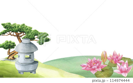 Japanese Garden. Border. Bonsai tree Pine, Stone Lantern and Buds Pink Lotus. Hand drawn Watercolor illustration sculpture with copy space. Japanese stone statue, Landscape design element 114974444