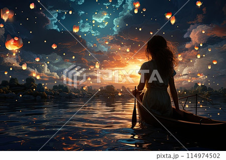 a girl is looking at the moon and star by water 114974502