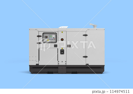 Mobile diesel generator for emergency electric power front view 3d render on blue 114974511