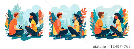 Friends mutual aid cartoon vector scene. Guy girl sitting back view communication relationships crisis sympathy support characters, stems leaves branches elements concepts isolated on white background 114974765