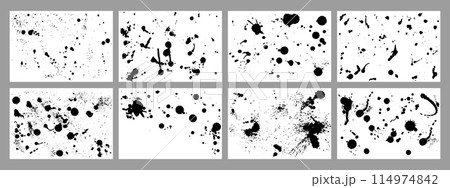 Ink splashes background. Blots black paint, abstract flows and dirty splatters. Hand drawn inks dots and paints grunge design, neoteric vector design 114974842