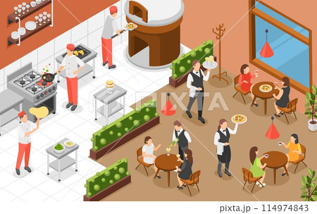 Isometric cafe interior. Open kitchen restaurant or pizzeria. People meeting, drinking and eating. Waiters delivering food flawless vector scene 114974843