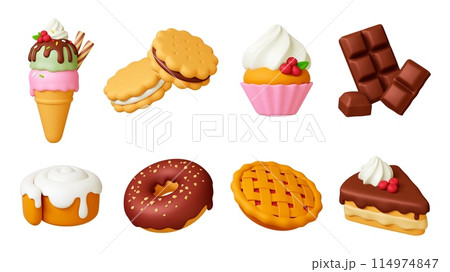 3d dessert. Bakery shop sweets, pastries and cakes. Realistic ice cream, pie and cookies. Chocolate and cupcake, donut, pithy vector clipart 3d dessert. Bakery shop sweets, pastries and cakes. Realistic ice cream, pie and cookies. Chocolate and cupcake, donut, pithy vector clipart 114974847