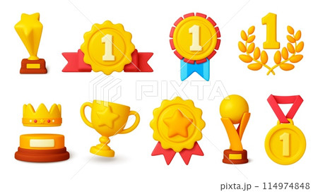 Awards 3d elements. Golden prizes and medals, cups and trophy. Isolated gold crown and stars. Render realistic championship awards pithy set Awards 3d elements. Golden prizes and medals, cups and trophy. Isolated gold crown and stars. Render realistic championship awards pithy set 114974848