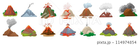 Cartoon volcanoes eruption. Volcano processes, natural disasters with fire fountains, flames, ashes and smokes. Nature elements, neoteric vector set Cartoon volcanoes eruption. Volcano processes, natural disasters with fire fountains, flames, ashes and smokes. Nature elements, neoteric vector set 114974854
