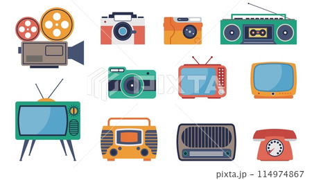 Vintage media. Photo cameras, tv screens and radio. Film camera, retro phone and audio player. Isolated flat old digital technologies decent vector set 114974867