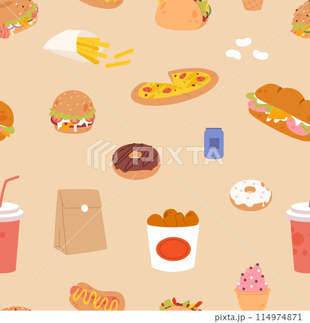 Tasty burger, pizza, donuts and drinks seamless pattern. Fast food print design for wrapping or fabric. Cafe delivery, restaurant, kitchen vector background 114974871