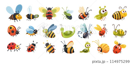 Cute children insects cartoon vector set. Big eyes wings antennae smile ladybug snail grasshopper beetle bumblebee bee bugs, illustrations isolated on white background Cute children insects cartoon vector set. Big eyes wings antennae smile ladybug snail grasshopper beetle bumblebee bee bugs, illustrations isolated on white background 114975299