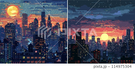 Cityscape pixel art vector concepts. 8 bit megacity skyscrapers sky clouds sunset sun modern architecture buildings, arcade video games assets illustrations 114975304