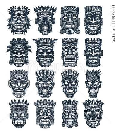 African masks ink sketch vector set. Idol creepy natives face hiding totem tribal polynesian god ethnic hawaiian cult traditional scary patterns accessory, illustrations isolated on white background 114975411