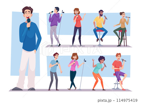 Standup comedy. Open mic joking show comedian characters in club stage exact vector cartoon illustrations Standup comedy. Open mic joking show comedian characters in club stage exact vector cartoon illustrations 114975419