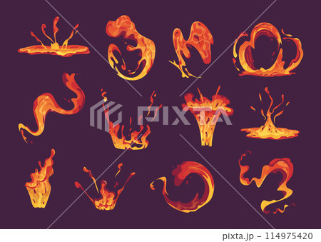 Lava splashes. Bulbs of burning liquid flowing volcano lava exact vector cartoon yellow animation templates 114975420