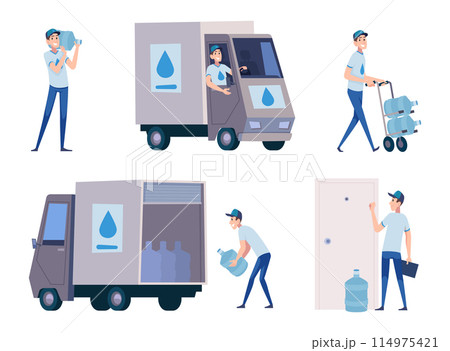 Water delivery. People deliver with aqua plastic big bottles holdings and transporting exact vector cartoon illustrations 114975421