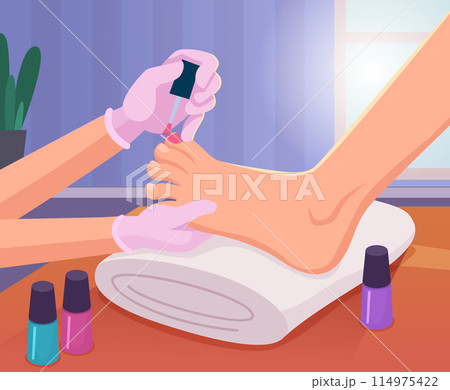 Cosmetic salon. Room for pedicure nails care spa and relax procedure exact vector background in cartoon style 114975422