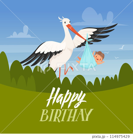 Birthday poster stork with new baby born vector cartoon background 114975429