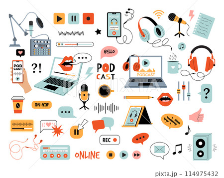 Podcast tools. Streaming web show digital devices tablets laptop speakers microphones headphones recent vector flat pictures set Podcast tools. Streaming web show digital devices tablets laptop speakers microphones headphones recent vector flat pictures set 114975432
