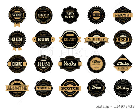 Whiskey badges. Alcohol drinks premium badges recent vector rum and whiskey production logos with place for text Whiskey badges. Alcohol drinks premium badges recent vector rum and whiskey production logos with place for text 114975435