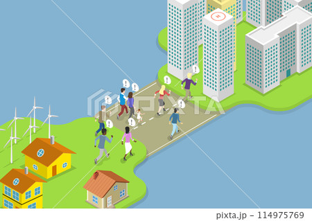 3D Isometric Flat Vector Illustration of Rural To Urban Migration, Population Growth and Urbanization 114975769