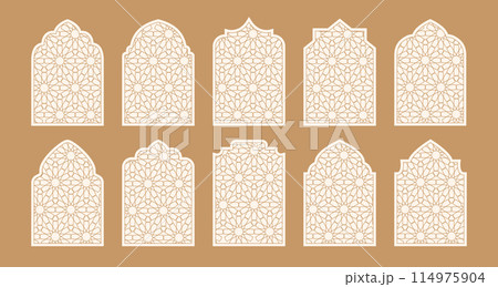 Oriental shape windows, doors with mashrabiya pattern. Arabian islamic arhitecture elements. 114975904