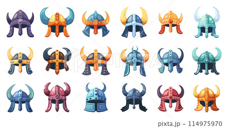 Cartoon Viking Helmets Icons Set. Simple Vector Cartoon Style. Norse Warrior Headgear, Scandinavian Culture, Medieval Helmets, Viking Iconography, Historical Armor, Ancient Norse Symbols, White 114975970