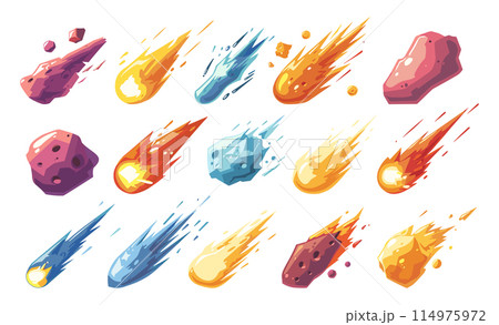 Cartoon Various Comets and Meteorites Set. Simple Cartoon Style Icons. White Background, Celestial Objects Illustrations, Space Debris, Cosmic Phenomena, Astronomy Symbols, Cosmic Bodies, Galactic 114975972