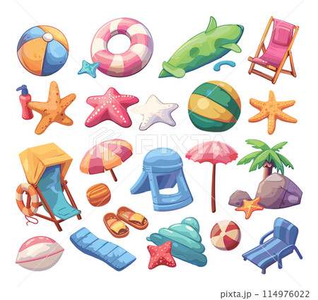 Cartoon Beach Equipment for Swimming and Playing on the Sand. Vivid Illustrations. Vector Illustration on White Background. Isolated Icons of Beach Toys, Swimming Gear, Sand Play Tools, Summer 114976022