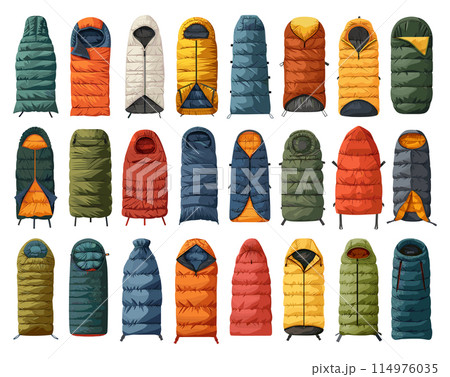 Flat Sleeping Bags. Simple Vector Illustration on White Background, Camping Gear, Outdoor Equipment, Compact Bedrolls, Cozy Resting Solutions, Adventure Essentials, Portable Bedding Collection 114976035