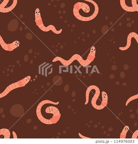 Cartoon worms seamless pattern. Earthworms in soil, cute crawlers characters underground. Composting and ecology, texture design, classy vector background Cartoon worms seamless pattern. Earthworms in soil, cute crawlers characters underground. Composting and ecology, texture design, classy vector background 114976083