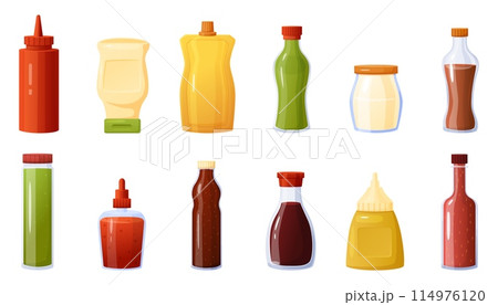 Cartoon sauce bottles. Different sauces, soy, chilli ketchup, chinese japanese hot wasabi. Mayonnaise and mustard, spices for food nowaday vector packs 114976120