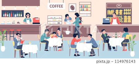 People eating and drinking on food court. Food stalls with coffee, pastries and cakes. Families and single person in cafe, recent vector scene 114976143