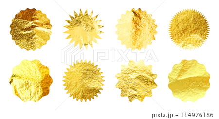 Golden stars, sunburst symbols. Shiny gold foil. Vintage sunbeam symbols. Shopping labels, sale or discount sticker, quality mark. Special offer price tag, promotional badge. Vector illustration 114976186