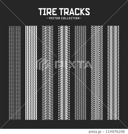 Tire tracks, wheel braking marks. Truck, car or motorcycle tread pattern silhouettes. Auto race, motorsport, speed racing design element. Vector illustration 114976206