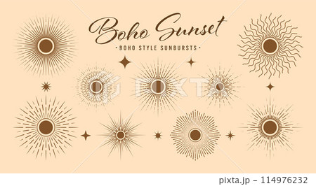 Vintage sunburst, sunset beams collection. Boho style, modern minimalist bohemian design. Hand drawn bursting sun, light rays. Logotype or lettering design element in retro style. Vector illustration 114976232