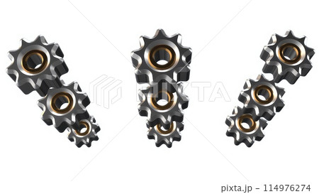 Three gears on a white background. 3d rendering. Computer digital drawing. Three gears on a white background. 3d rendering. Computer digital drawing. 114976274