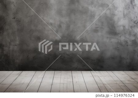 An empty room with a wooden floor and a concrete wall, under a gray sky 114976324