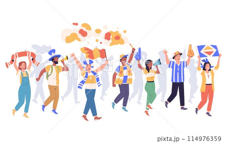 Soccer fans characters. Sport fan team football supporters cheering goal cheer celebration stadium game world or euro cup match, supporter holding flag classy vector illustration Soccer fans characters. Sport fan team football supporters cheering goal cheer celebration stadium game world or euro cup match, supporter holding flag classy vector illustration 114976359