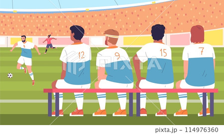 Soccer reserve team. Substitute football team players sit on bench of stadium or school sport court, sitting footballer back rear view, junior training classy vector illustration Soccer reserve team. Substitute football team players sit on bench of stadium or school sport court, sitting footballer back rear view, junior training classy vector illustration 114976360
