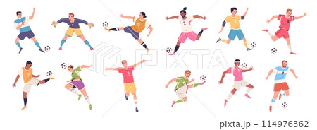 Soccer players poses. Professional football player dynamic pose, sportsman action foot feet kick ball dribbling posing goalkeeper catch goal pass, set classy vector illustration Soccer players poses. Professional football player dynamic pose, sportsman action foot feet kick ball dribbling posing goalkeeper catch goal pass, set classy vector illustration 114976362