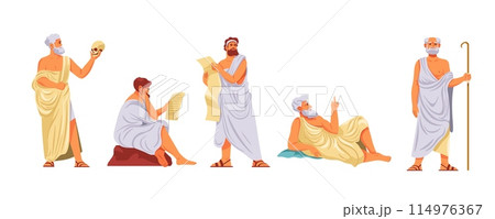Ancient philosopher. Roman or greek philosophers cartoon character, old man in toga thinking metaphysics, socrates plato aristotle pythagoras Ancient philosopher. Roman or greek philosophers cartoon character, old man in toga thinking metaphysics, socrates plato aristotle pythagoras 114976367