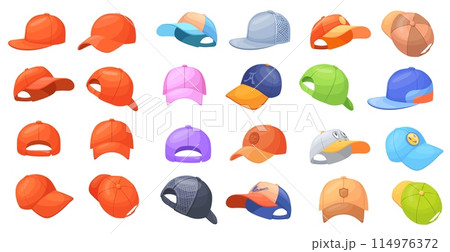 Cartoon baseball caps. Summer cappella hats, skater rap snapback athlete sport uniform trucker promotional hat back front view children color beach cap, neat vector illustration Cartoon baseball caps. Summer cappella hats, skater rap snapback athlete sport uniform trucker promotional hat back front view children color beach cap, neat vector illustration 114976372