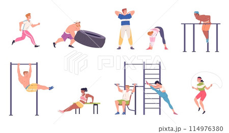People street workout. Athletes exercise outdoor gym nature park, man pull tire physical exercises with bench bar woman fitness outside gymnastics, sport classy vector illustration 114976380