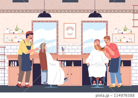 Barbershop customers. Barber working cut hair to man chair at mirror, men haircut beard grooming, male hairstylist cartoon character in hairdresser 114976388