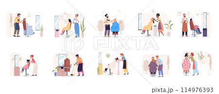 Hair salon customers. Hairdresser cutting customer in chair, cartoon hairstylist workplace barber dresser character haircutter work dryer comb, beauty classy vector illustration 114976393