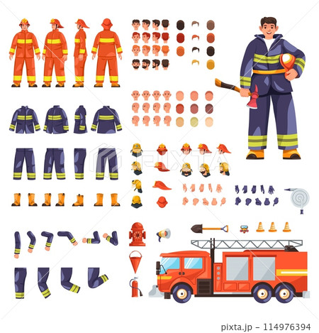 Firefighter creation. Fireman character constructor kit, fire fighter man puppet animation, animated firemen body uniform avatar 114976394