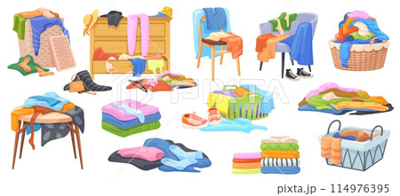 Piles messy clothes. Mess smell clothes heap on floor folded stack cloths for home laundry declutter, teenager messy apparel chair, dirty clothing basket neat vector illustration 114976395
