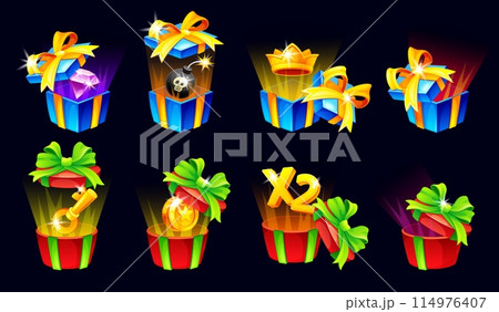 Game bonus boxes. Present gift box money prize for lucky winner, secret bonus in casino money or mobile lottery, enter bonuses mystery surprise winning neoteric vector illustration 114976407