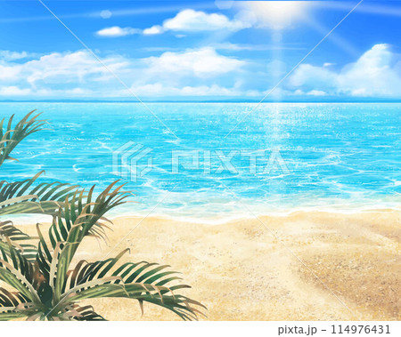 夏の砂浜とボヤけた雲のある青い空とヤシの木と海の美しいフレームイラスト素材 114976431