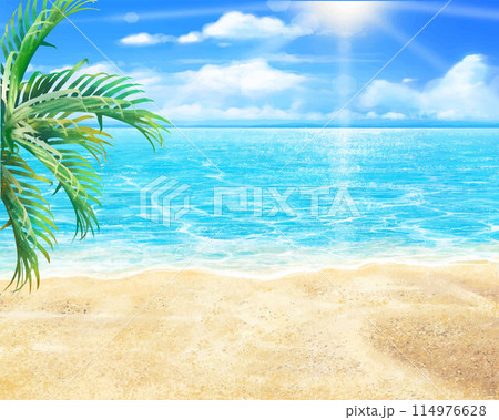 明るい夏の砂浜とボヤけた雲のある青い空とヤシの木と海の美しいフレームイラスト素材 114976628